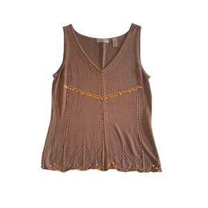 i.e. Knit Women Tank Top L Brown Sequin V-Neck Sleeveless Cotton Blend Scalloped